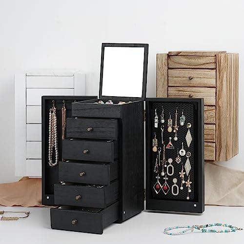 Meangood Jewelry Box Wood for Women, 6-Layer Large Organizer Box with Mirror & 5 Drawers for Rings, Earrings, Necklaces, Vintage Style, Black - Image 6