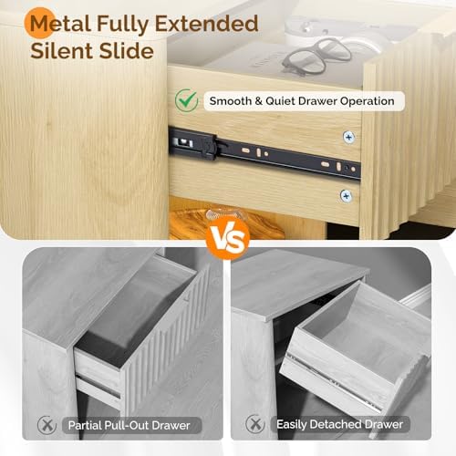 VINGLI 19"W Nightstands Set of 2 with Charging Station, LED Nightstand Fluted with Rounded Edge, Mid Century Modern Nightstand for Bedroom, Fluted Bed Side Table, Oak Night Stand, 18.9"W*15"D*22.4"H - Image 7