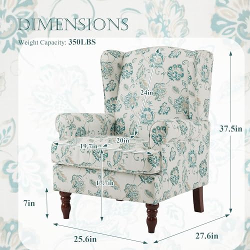 YOLENY Floral Accent Chair, High Back Upholstered Armchair with Solid Legs, Leisure Single Sofa Chair for Living Room, Bedroom, Home Office, Light Cyan Floral - Image 3