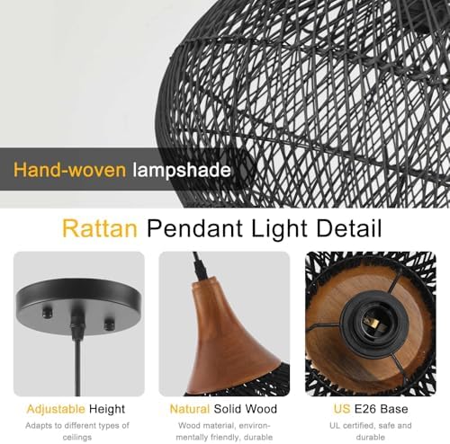 Black Rattan Pendant Light, 15.7" Rattan Chandelier Hand-Woven Wicker Pendant Light Fixtures with Solid Wood, Basket Hanging Lighting for Dining Room Kitchen Island Living Room - Image 2