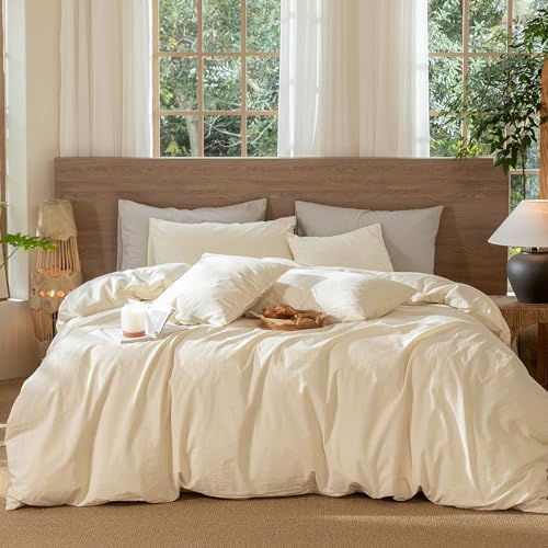MooMee Wavy Striped Duvet Cover Set 100% Washed Cotton Linen Like Textured Breathable Durable Soft Comfy (Cream White, Twin 68"x90") by MOOMEE