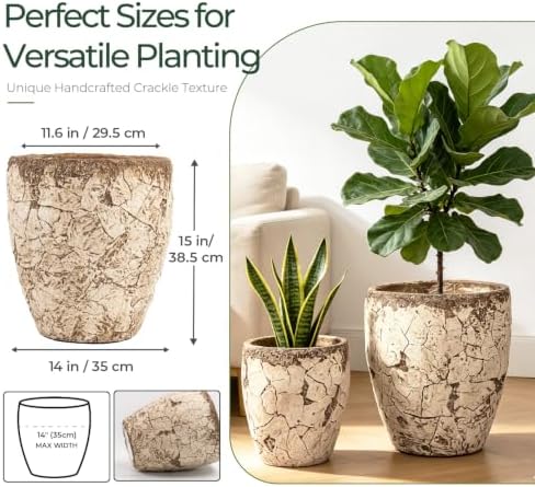 15" H x 11.6" Dia Fiberstone Planter Pot with Drainage Hole, Handcrafted Distressed Decorative Flower Pot for Indoor Outdoor Plants, Rustic Earthy Brown Boho Planter for Patio, Garden & Home - Image 4