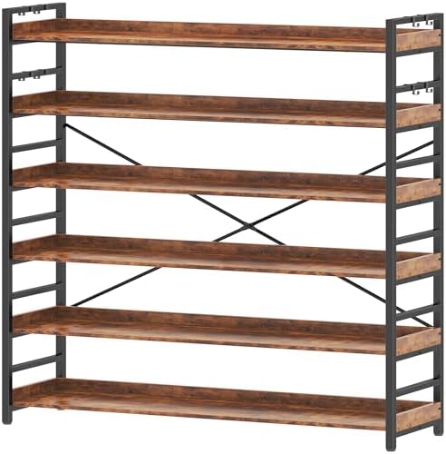 HCHQHS 6 Tier Bookshelf, Adjustable Industrial Bookcase, Vertical Tall Book Shelf, Wood and Black Metal Open Bookshelves for Home Office, Living Room, Bedroom by HCHQHS