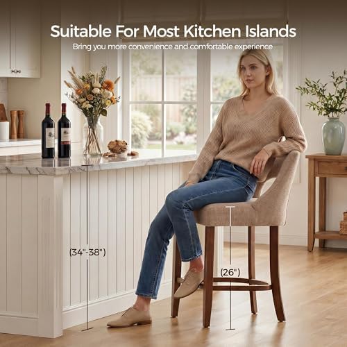 UVV Bar Stools Set of 6, Upholstered Counter Height Bar Stools, Modern Counter Stools with Wood Legs for Kitchen Island Dining Room Bar, Khaki - Image 7