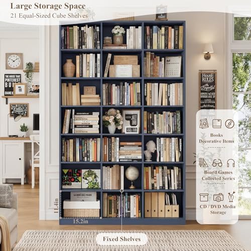 HOSTACK 86" H Triple Wide Bookshelf and Bookcase, 7 Tier Tall Bookshelf with Storage, Large Bookcase with 21 Open Display Storage Shelves, Wood Book Shelf Media CD DVD Storage for Living Room, Blue - Image 6