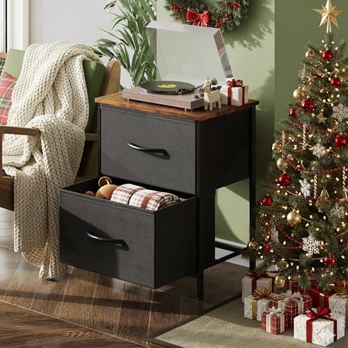 WLIVE Nightstand, 2 Drawer Dresser for Bedroom, Small Dresser with 2 Drawers, Bedside Furniture, Night Stand, End Table with Fabric Bins for Bedroom, Closet, Entryway, Black and Rustic Brown - Image 2