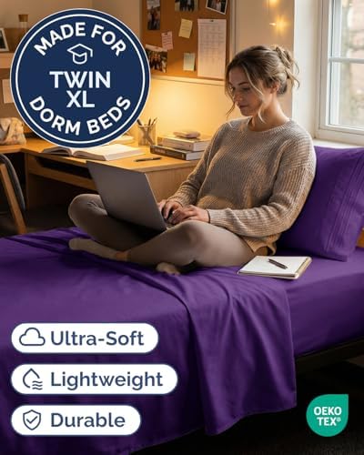 Twin XL 3 Piece Sheet Set - College Dorm Room Essentials - Purple - Image 2
