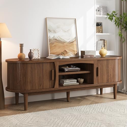 Decofy 63" Fluted TV Stand for TVs Up to 70" with Charging Station, Walnut - Image 6