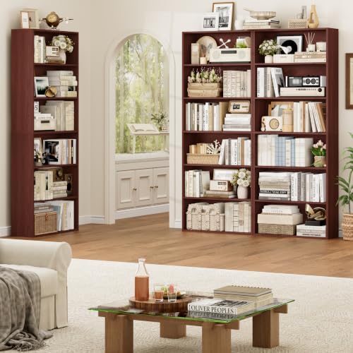 FOTOSOK 6 Tier Tall Bookshelf and Bookcase, Open Display Shelves,Cherry 2PK - Image 3