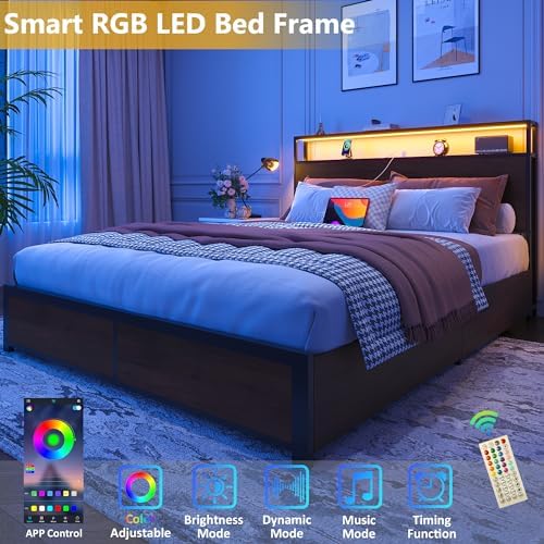Lifezone Queen Bed Frame with 2-Tier Storage Headboard, Metal Platform Bed Frame with 4 Storage Drawers, Built in Charging Station & LED, Noise-Free/Metal Support/No Box Spring Needed, Coffee Brown - Image 4