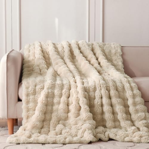 COOVA Soft Bubble Faux Fur Throw Blanket, 60"x80", Light Taupe - Image 2