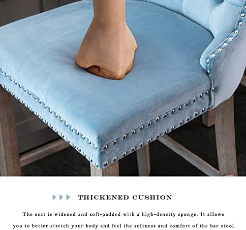SoarFlash Modern Velvet Upholstered Bar Stools Set of 2 with Wood Legs, Button Tufted,Chrome Nailhead, Counterstool Seat, Armless Bar Chairs (Sky-Blue) - Image 6