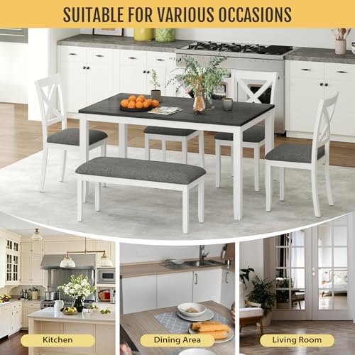 Zevemomo 6-Piece Solid Wood Dining Table Set, Wooden Legs, White - Image 6