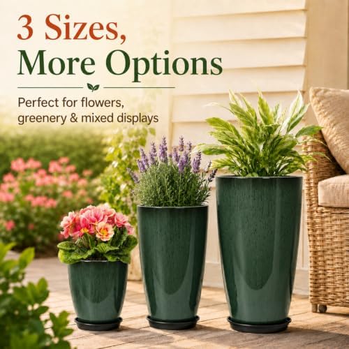 Neoaider Set of 3 Tall Planter, 24/21/12in Large Plastic Planter, DarkGreen - Image 4