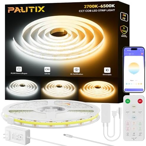 PAUTIX COB LED Strip Lights 2700K-6500K CCT Tunable White 24ft UL-Listed Dotless LED Lights Super Bright Dimmable 24V LED Tape Light with APP/RF Remote Control,Under Cabinets Bedroom Kitchen Lighting by PAUTIX