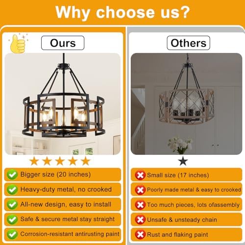 20" Dining Room Light Fixture/Chandelier Over Table, 5-Light Black & Wood Grain Farmhouse Chandeliers for Dining Room, Industrial Metal Hanging Pendant Lights Fixture for Kitchen Island Foyer Entryway - Image 2