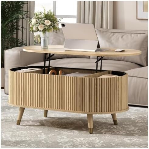JOINICE Oval Lift Top Coffee Table with Storage for Living Room,43",Oak by Joinice