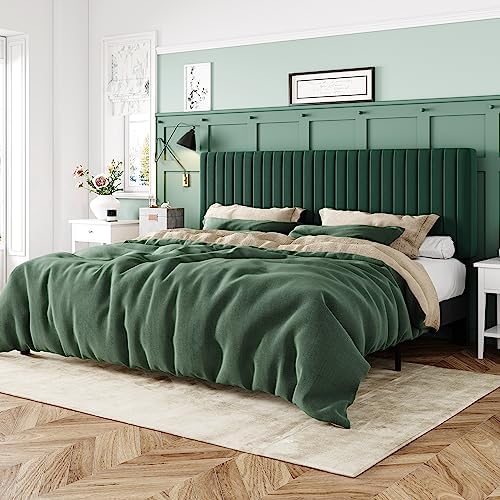 Allewie King Bed Frame, Velvet Upholstered Platform Bed with Adjustable Vertical Channel Tufted Headboard, Mattress Foundation with Strong Wooden Slats, Box Spring Optional, Easy Assembly, Green by Allewie