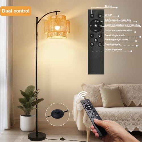 Vinaco Rattan Boho Floor Lamp, 3 Color Temperatures Remote & Foot Switch - Image 3