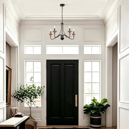 Sigaitwei 5‑Light Modern Farmhouse Candle Pendant, Matte Black with Antique‑Gold Accents, Chandelier Hanging Light Fixture for Kitchen Island, Entryway, Stairwell, E12 Base - Image 4