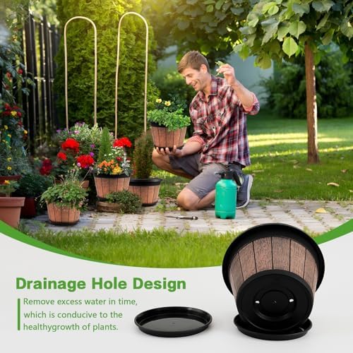 Quarut 4 Pack 8 inch Pots for Plants,Upgrade Whiskey Barrel Planters - Image 4