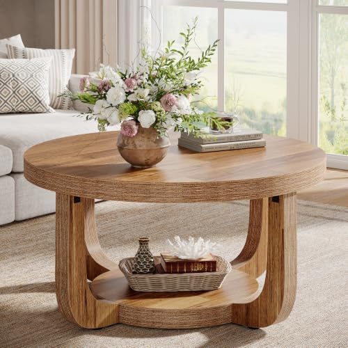 Tribesigns Round Coffee Table, 2-Tier Circle Coffee Table with Storage, Modern Wooden Accent Center Table for Living Room, Thick Tabletop & Base (Rustic Brown) by Tribesigns