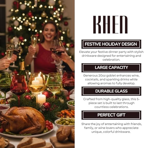 Khen Festive & Holiday Colored Wine Glasses Set of 5 In Luxurious Gift Box – 20oz Stemmed Goblets, Thanksgiving Dinner, Entertaining – Wedding Red, Green & Gold Glassware for Party Celebrations - Image 5