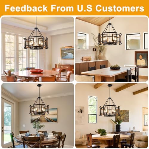 20" Dining Room Light Fixture/Chandelier Over Table, 5-Light Black & Wood Grain Farmhouse Chandeliers for Dining Room, Industrial Metal Hanging Pendant Lights Fixture for Kitchen Island Foyer Entryway - Image 3