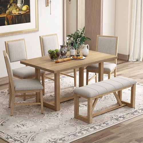 VilroCaz 6-Piece Vintage Dining Table Set, Acacia Wood Rectangular Dining Table with Designed Trestle Base and 4 Upholstered Chairs&1 Bench, Retro Kitchen Dining Room Table Set of 6 (Natural-Desig) - Image 2