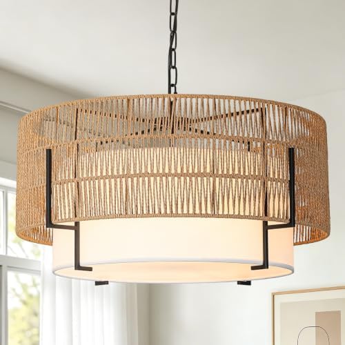 6-Light Large Rattan Chandelier, 25.6" Boho Pendant Light Fixture by SupMaka