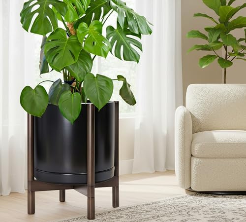 D'vine Dev Ceramic Pot with Walnut Wood Stand, Black, 14 in, 55-B-T-2 - Image 2