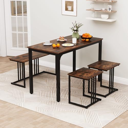 Giantex 4-Piece Dining Table Set for 4, Modern Kitchen Table and Chairs, Nesting Furniture Set with Bench & 2 Stools, Space-Saving Desk Set, Dinette Set for Small Place, Dining Room Restaurant (Brown) - Image 2