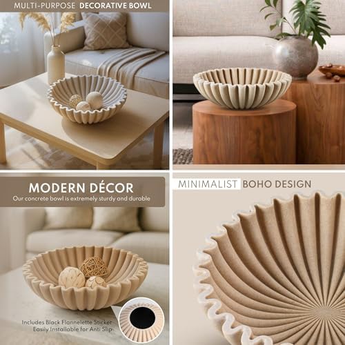 12" Extra Large Decorative Bowl – Decorative Fruit Bowl for Kitchen Counter, Modern Handmade Bowls for Home Decor, Ruffle Decor, Stylish Key Bowl for Entryway Table, Beige Artificial Stone - Image 6