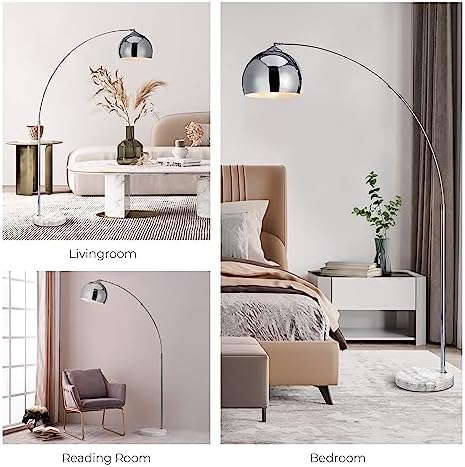 Teamson Home Arquer 68.1" Arc Floor Lamp for Living Rooms, Home Offices, Dining Rooms, Bedrooms with Faux White Marble Base and Chrome Bell Shade - Image 5
