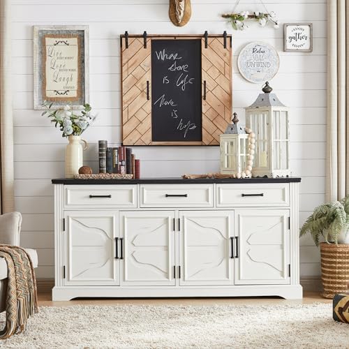JXQTLINGMU 66" Farmhouse Buffet Cabinet with Storage, Sideboard Credenza, Carved Cloud-Inspired Doors, 3 Drawers & Adjustable Shelves, Coffee Bar Cabinet, Off White - Image 6