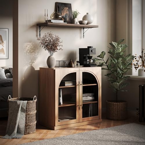 BELLEZE Modular Sideboard with Arched Glass Door, Accent Display Buffet Cabinet with Storage and Adjustable Shelves,Classic Modern Credenza for Living Room Kitchen Entryway (Camel) by BELLEZE