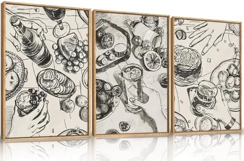 LHIUEM Large Retro Sketch Cheers Framed Canvas Wall Art,Food and Drink Wall Decor,Mid Century Gatherings Dinner Wall Painting,Abstract Black and White Art Prints for Kitchen,Dining Room - 24"x36"x3 by LHIUEM