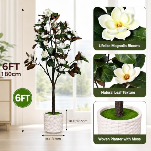 6ft Faux Magnolia Flower Tree Indoor Artificial White Floral Tree with Easy Plug-in Assembly, Realistic Large Fake Greenery Floor Plant for Modern Farmhouse Home Corner Office Decor - Image 3