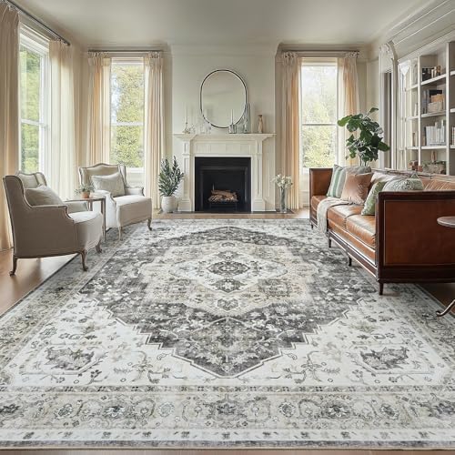 Amada Large 9x12 Washable Area Rug for Living Room, Grey, Vintage Pattern by AMADAHOMEFURNISHING