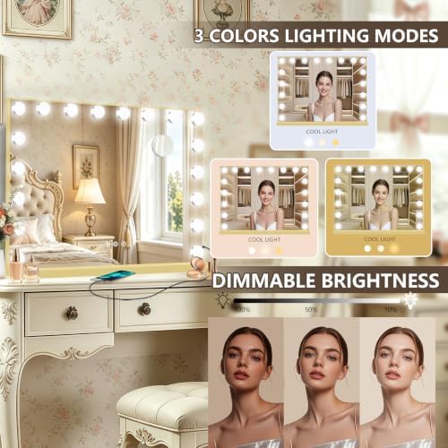 Ratsamee Gold Hollywood Vanity Mirror with Lights, 18 Dimmable Bulbs, 3 Color Lights,Make Up Lighted Mirror, Aluminum Metal Frame, USB Charging Port（32" x 24"） - Image 3