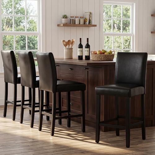GOTMINSI Set of 4 Classic 24 Inches Counter Height Stools Upholstered Bar Stools with Solid Wood Legs and Black Leather Counter Stool (PU Black) by GOTMINSI