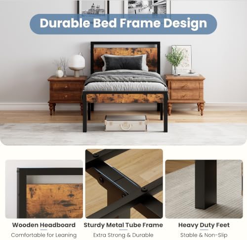 Sweetcrispy Twin 14 Inch Platform Bed Frame with Headboard & Storage, Rust - Image 4