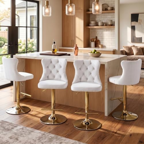 SoarFlash Velvet Bar Stool Set of 4, Adjustable Swivel Bar Stools with Gold Plated Metal Leg, Button Tufted, Footrest, Chrome Nailhead, Counter Height Chair for Kitchen, Bar, Dining Room (Beige) by SoarFlash