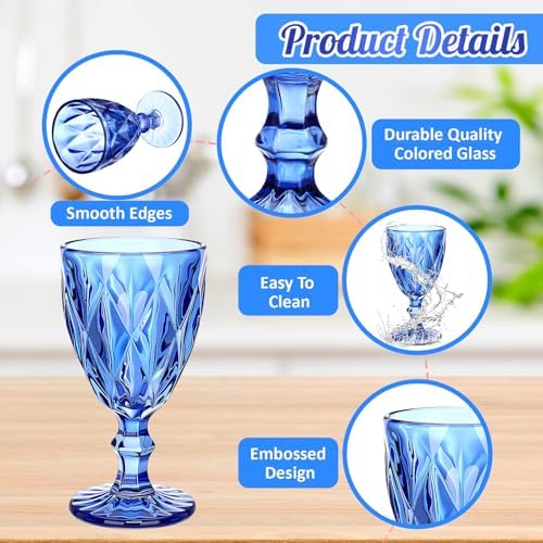 Yinder Glass Goblet Vintage Wine Goblet Embossed Glassware 10 oz Solid Color Glass Stemmed Cups for Iced Tea Beverage Soda Juice Water Liquor and Party Wedding Bars Restaurants (Blue,12 Pack) - Image 3
