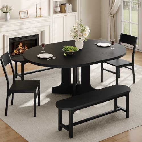 Einhomn 59" Extendable Round Dining Table Set for 4-6, 5-Piece Kitchen & Dining Room Table with 2 Chairs & 2 Benches, Wood Oval Dinner Table with Heavy Duty Pedestal Base, for Small Spaces, Black by Einhomn