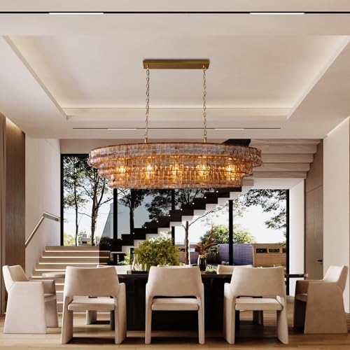 54" Smoked Gold Rectangular Drum Large Chandeliers for Dining Room, 5-Light Modern Round Hanging Light Fixture for Kitchen Island, Living Room, Foyer - Image 6