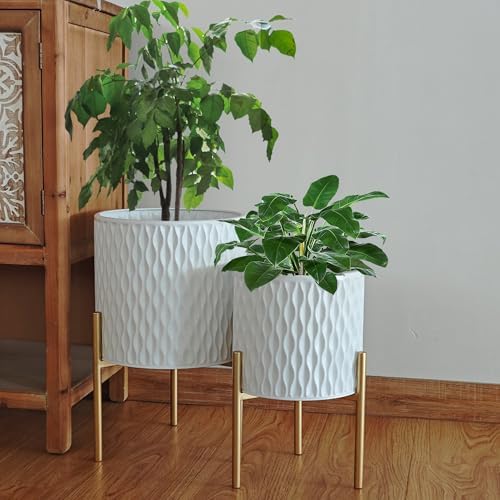 ARNIS Plants Pots with Stand, Set of 2 P lanters, Unique Mid Century Decorative Metal Flower Pots with Drainage, 8.25 & 10.5 Inch, White and Gold - Image 6