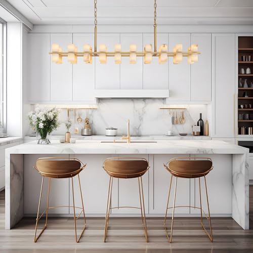 Alabaster Rectangular Chandelier for Dining Room, L54in Modern Chandeliers, Adjustable Marble Pendant Light Fixture, Rectangle Chandelier for Dining Table Living Room Kitchen Island(Brass) - Image 4