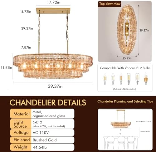 40in Large Chandelier Gold, Modern Dining Room Light Fixtures, 3 Layer Luxury Glass Chandelier 6 Light Rectangular Chandeliers for Dining Room Kitchen Island Living Room (Amber Glass) - Image 5