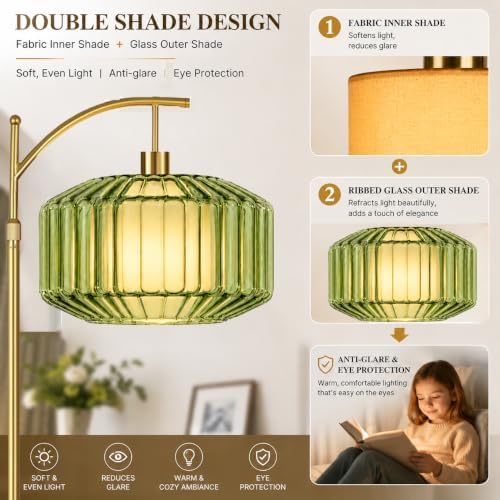 Arc Floor Lamp For Living Room,Bedroom,Gold Vintage Remote Dimmable Standing Lamps With Green Drum Glass&Fabric Shade,LED Tall Floor Light For Office,Modern Boho Farmhouse Cute Corner MCM Lamp - Image 2